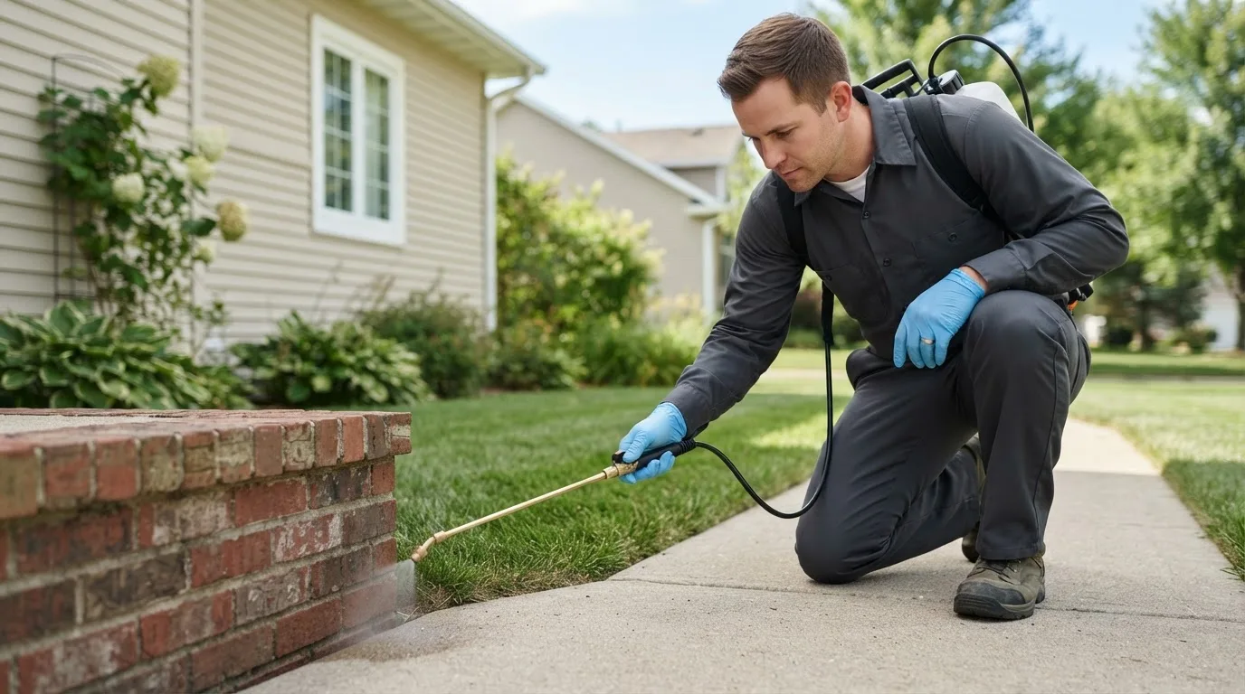 Pest control technician treating a home near Coleraine, MN